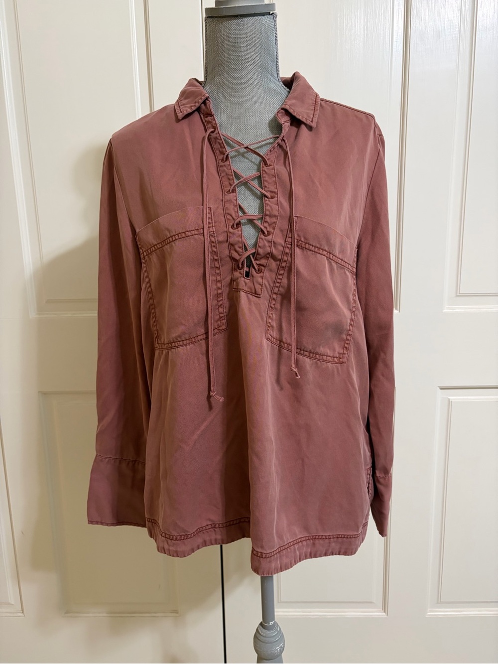 Free People Under Your Spell Lace Up Tunic Top Red Clay M Boho Tencel Blouse